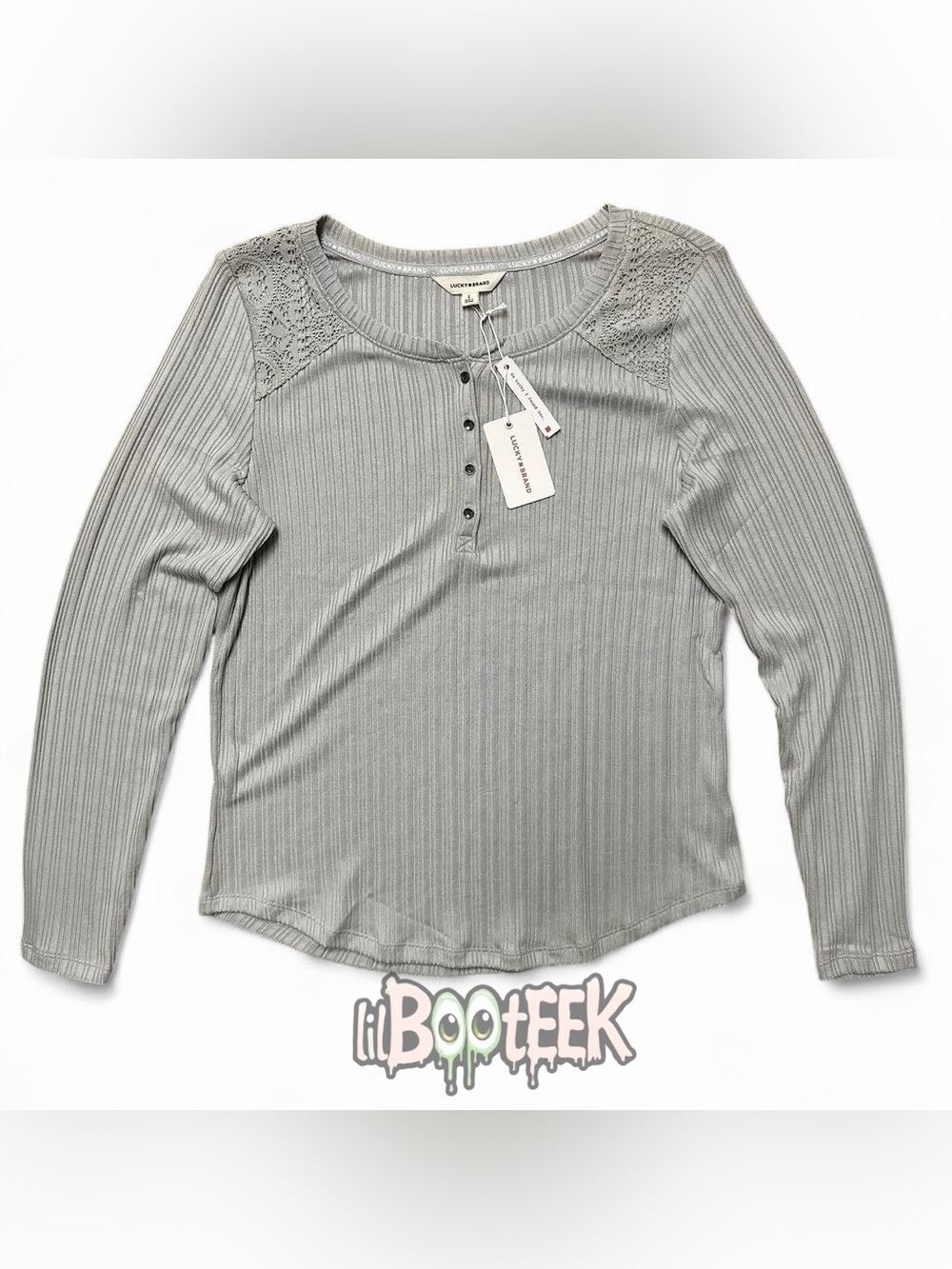 Lucky Brand Moss Green Gray Ribbed Lace-Shoulder Henley Long Sleeve Top